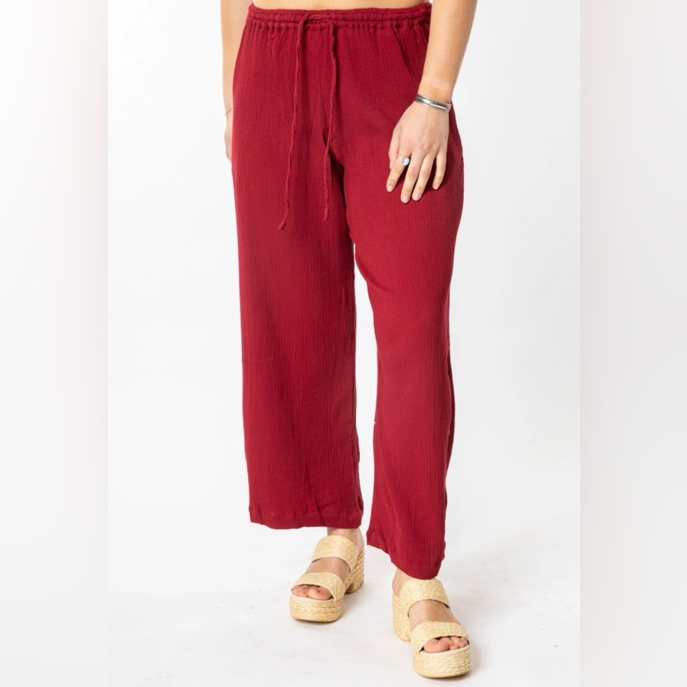 Wide-Leg Drawstring Pants in Burgundy